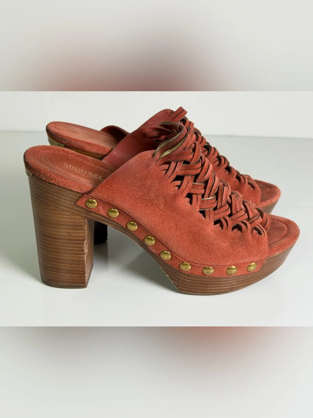 Michael Kors Women’s Sz 9 Rust Suede Woven Studded Platform Clog Heel Sandals